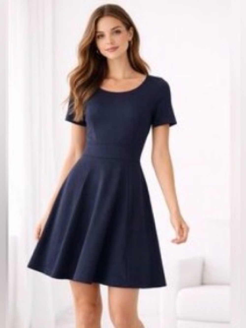 J. Crew Ponte Knit Fit-N-Flare Swing Short Sleeve Dress-Navy Blue Size 14